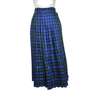 Vintage Skyr Tartan Plaid Skirt Midi Pleated Blue Rayon Holiday Women 4